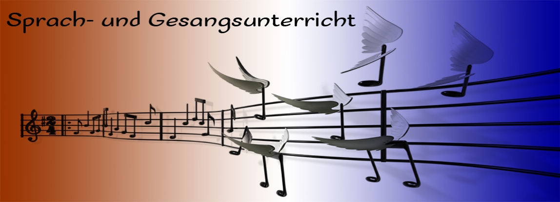 Grafik "Fliegende Noten", Text: Sprach-und Gesangsunterricht